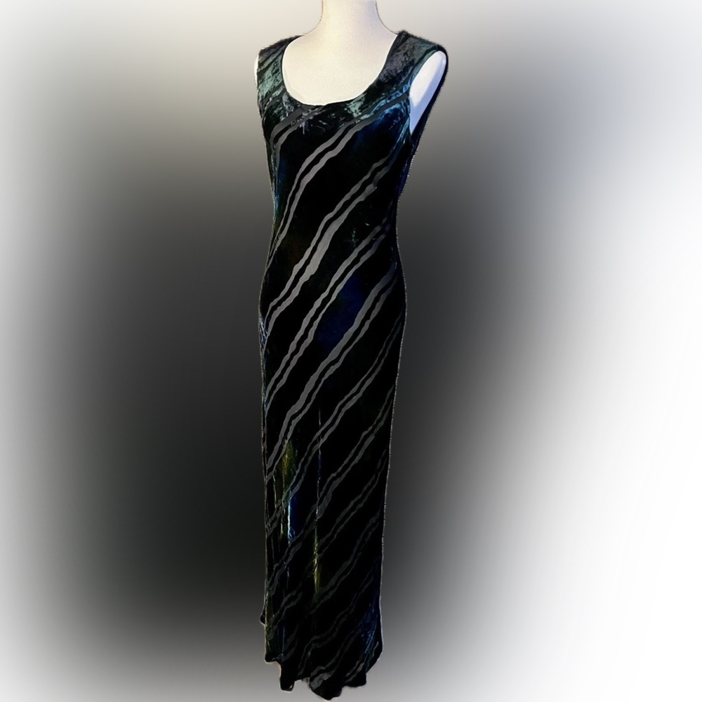 Mannequines Vintage Silk Velvet Striped Iridescent Ombre Maxi Dress, Medium
